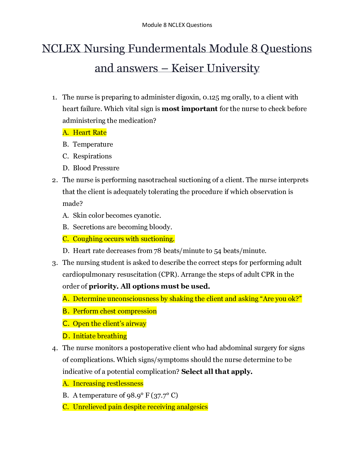 Preview image for NCLEX Nursing Fundermentals Module 8 Questions and answers – Keiser University | NCLEX Nursing Fundermentals Module 8 Questions and answers